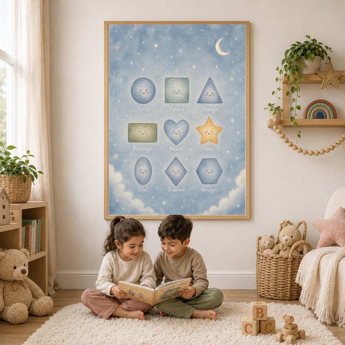 Two children sit on a rug reading a book beneath the framed shapes poster in a sunlit child bedroom.