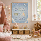 A nursery with a pink canopy bed and a rocking horse features the shapes educational poster hanging on the wall.
