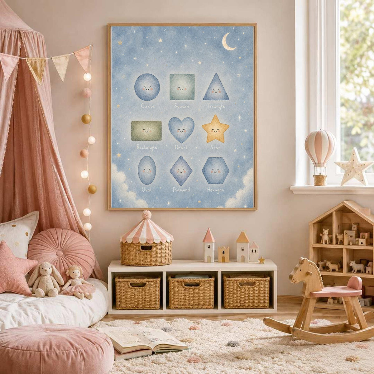 A nursery with a pink canopy bed and a rocking horse features the shapes educational poster hanging on the wall.