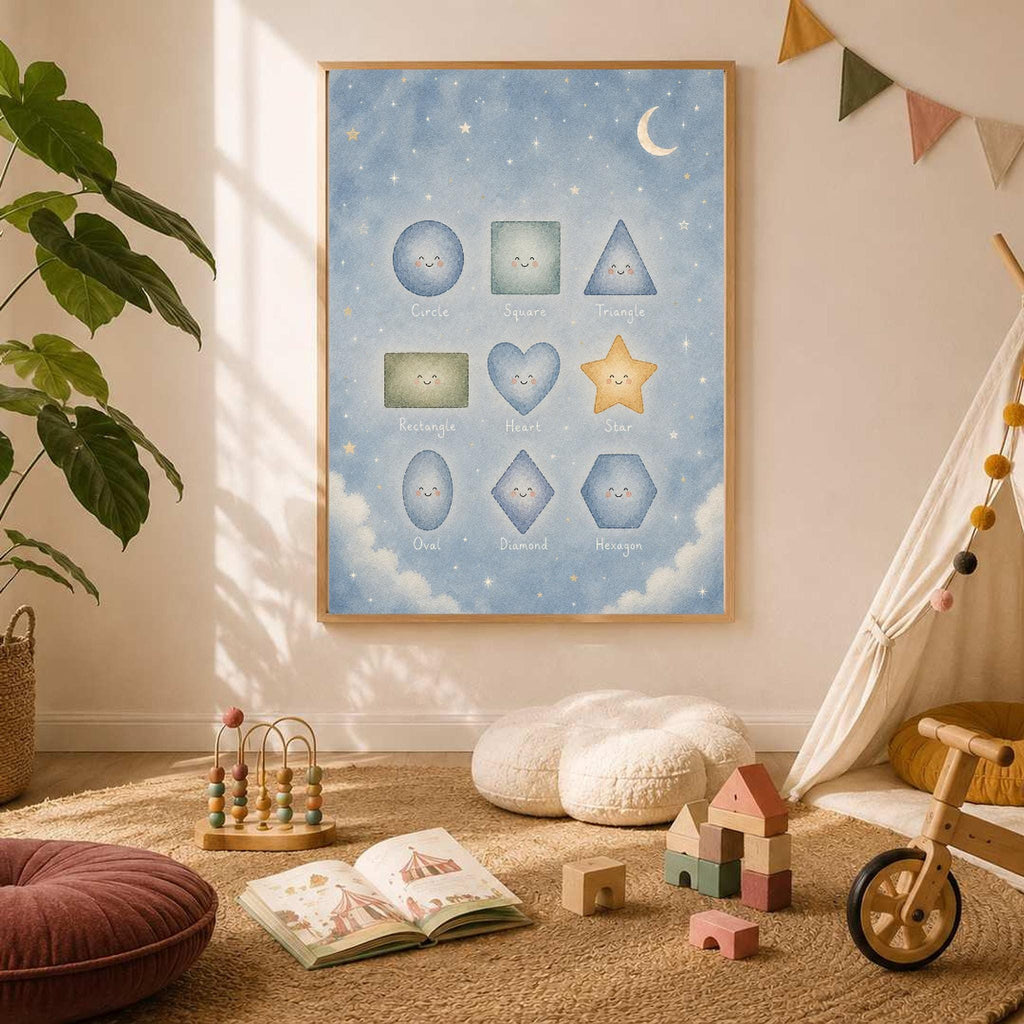 Wooden toys and an open book rest on a rug in front of a neutral bedroom wall displaying the shapes art print.