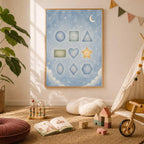 Wooden toys and an open book rest on a rug in front of a neutral bedroom wall displaying the shapes art print.