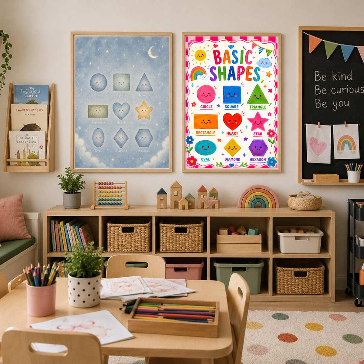 Two framed posters, one educational shapes print and one pastel shapes chart, hang side by side above a low shelving unit.