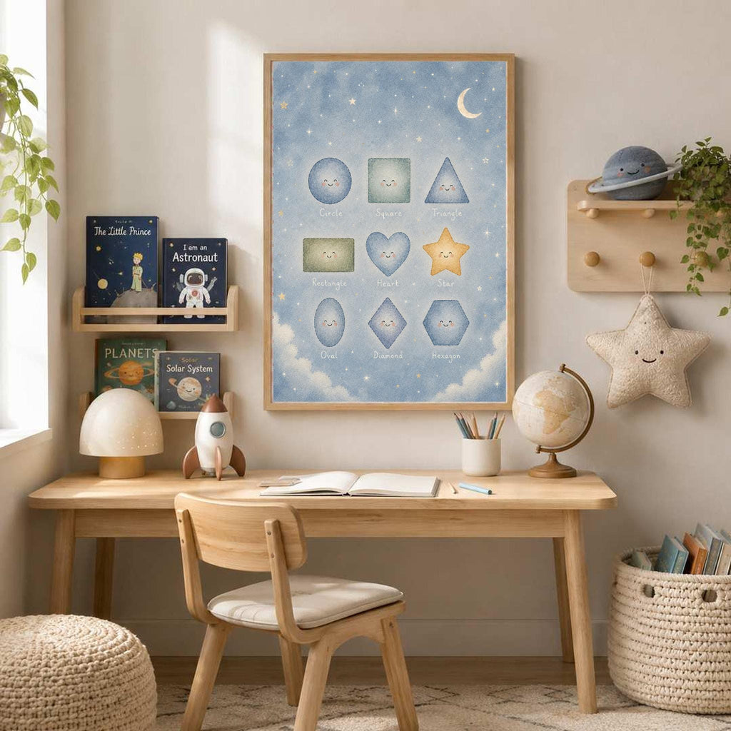A framed educational geometric shapes poster hangs above a child's wooden desk with books, a globe, and a lamp in a decorated room.