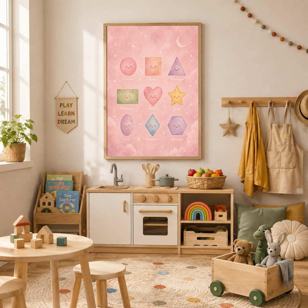 A framed pastel pink educational shapes poster hangs above a wooden play kitchen in a sunlit playroom.