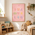 The watercolor shapes poster hangs on a neutral wall next to a child's bed with a plush bunny.
