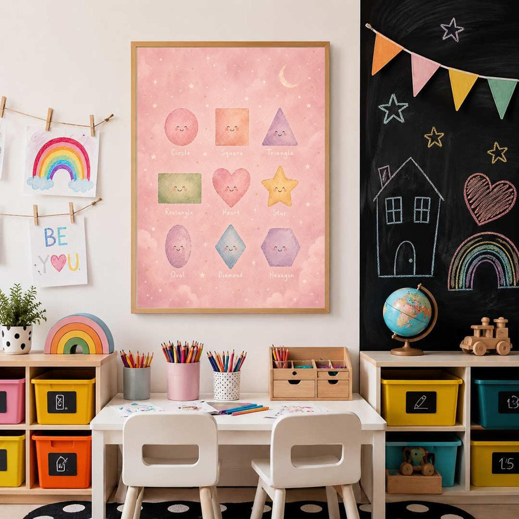 The educational shapes print hangs above a child's art table next to a black chalkboard wall.