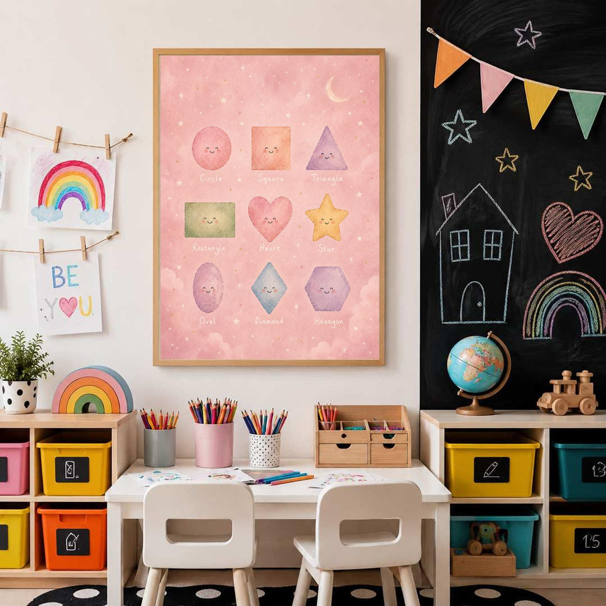 The educational shapes print hangs above a child's art table next to a black chalkboard wall.