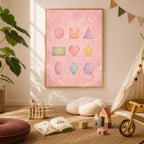 The pastel pink educational shapes poster hangs on a beige wall in a playroom with wooden toys.
