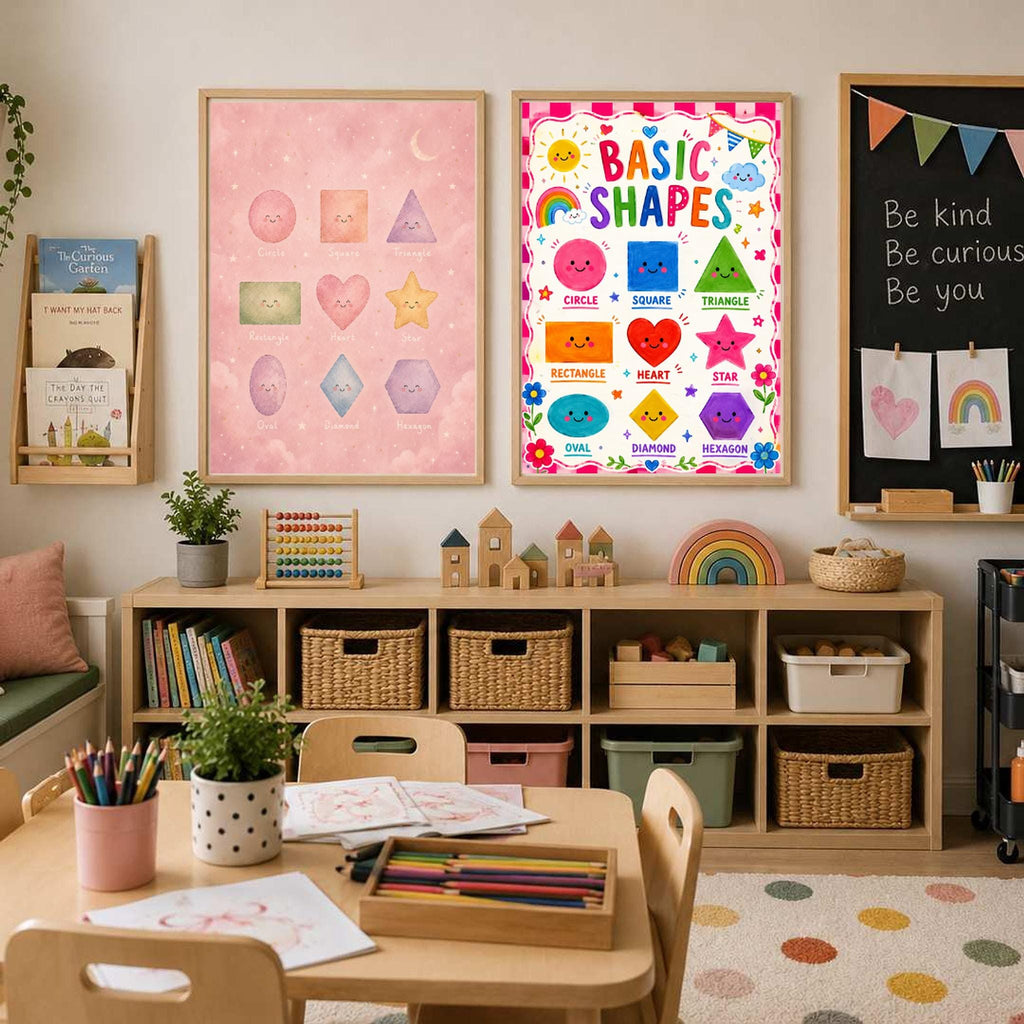 Two different educational shapes posters hang side by side above a large compartmentalized storage shelf.