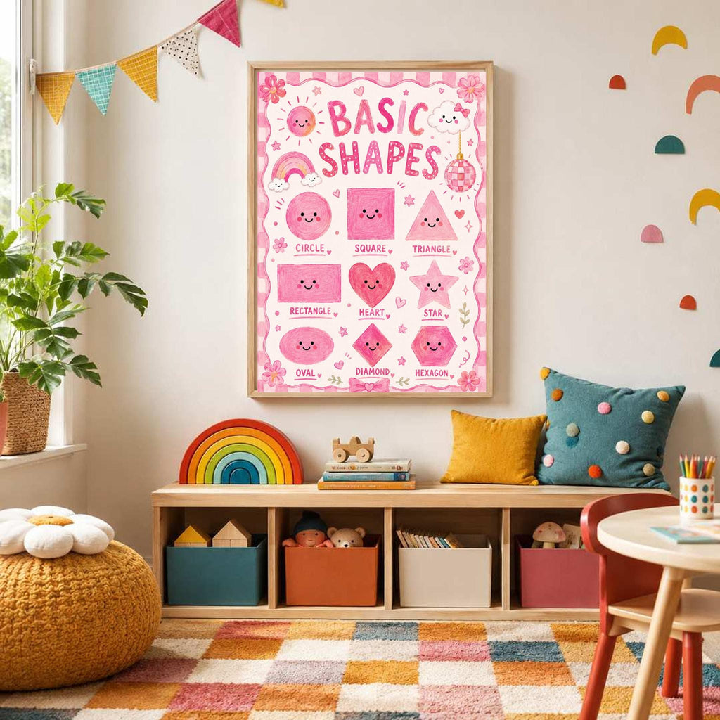A framed pink basic shapes poster is mounted on a wall above a wooden storage bench holding toys and books in a colorful playroom.