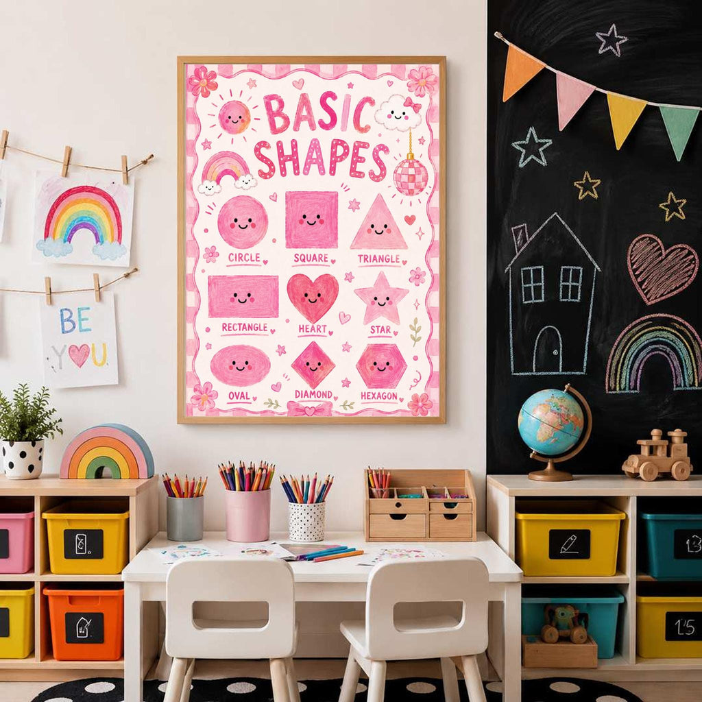 A framed pink basic shapes poster hangs on a wall above a child study table next to a chalkboard wall with chalk drawings.