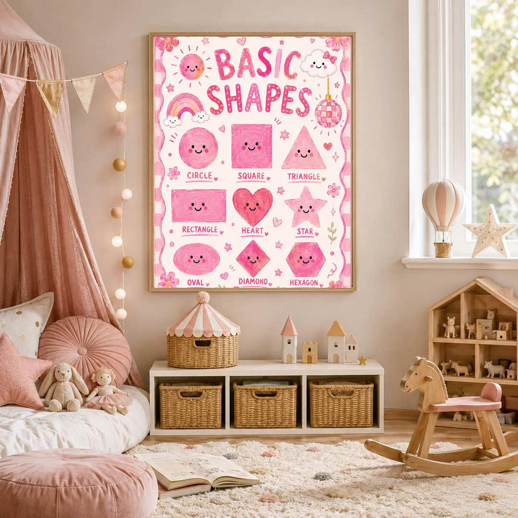 A framed pink basic shapes poster hangs on a wall above a toy storage unit in a pink-themed nursery with a canopy bed.