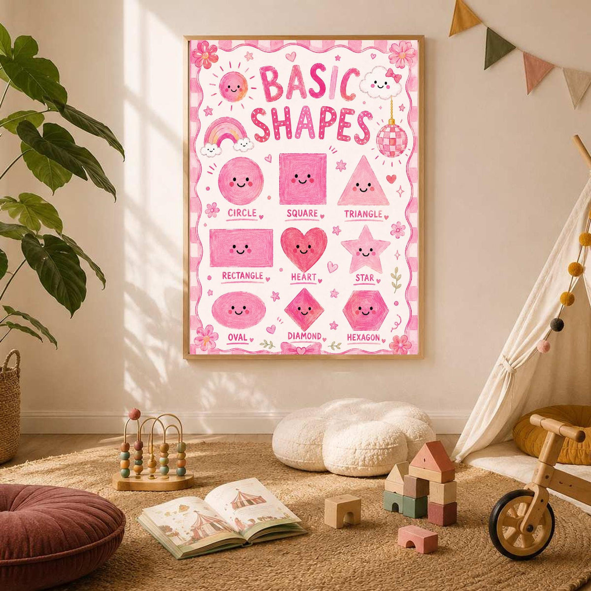 A framed pink basic shapes poster is centered on a neutral wall in a child playroom with a wooden teepee and toys on the floor.