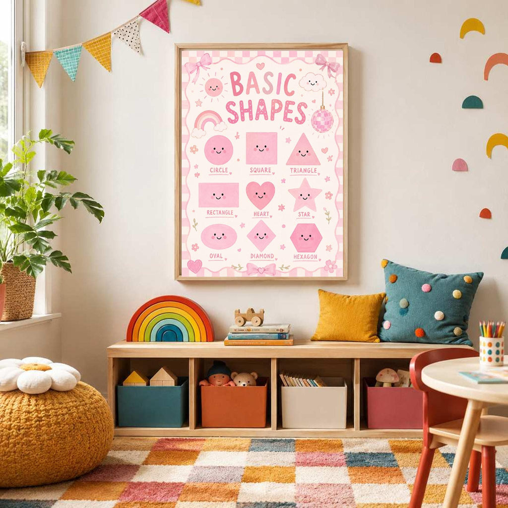 A framed pink Basic Shapes wall art poster hangs above a low wooden storage unit in a colorful playroom.