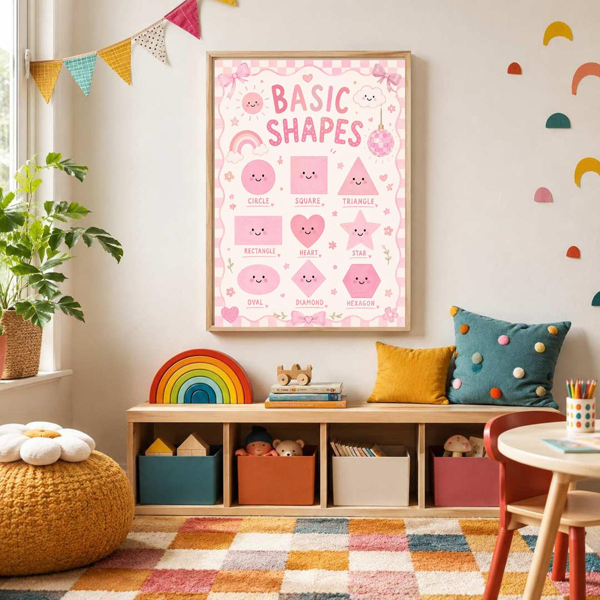 A framed pink Basic Shapes wall art poster hangs above a low wooden storage unit in a colorful playroom.