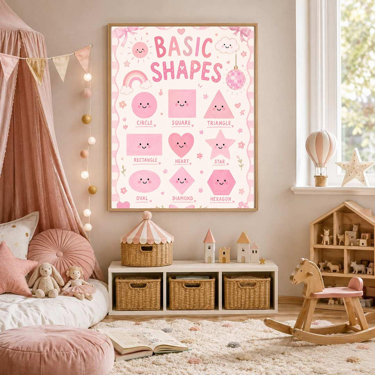 A framed pink Basic Shapes poster is displayed on a wall in a nursery next to a canopy bed and rocking horse.