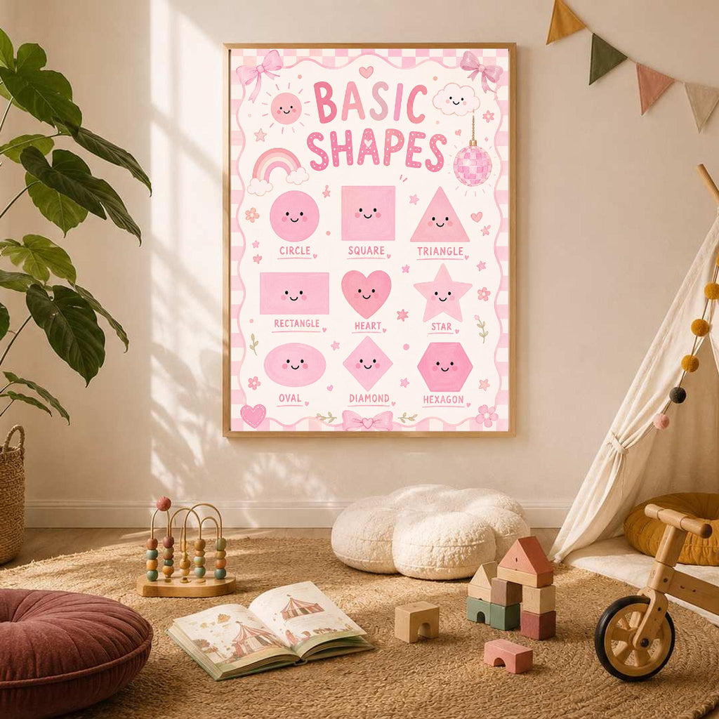 A framed pink Basic Shapes poster hangs on a neutral wall above a wooden toy abacus and open floor space.