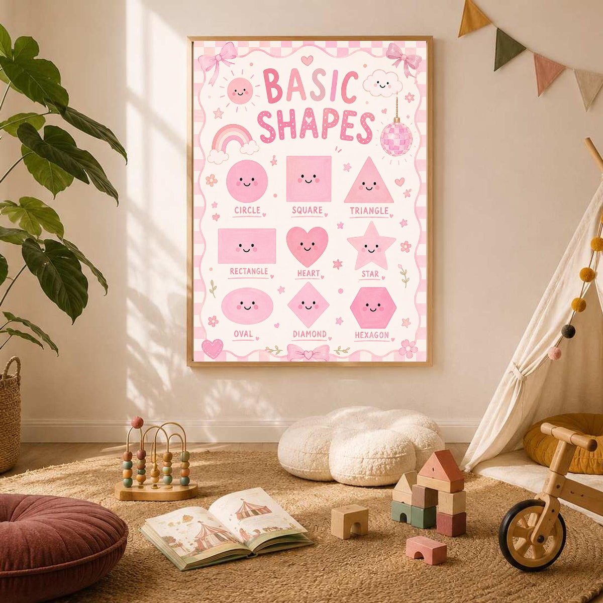 A framed pink Basic Shapes poster hangs on a neutral wall above a wooden toy abacus and open floor space.
