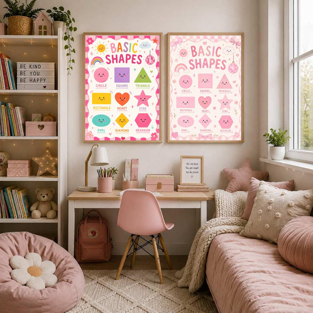 Two framed Basic Shapes posters with different backgrounds hang on a wall above a childs desk and daybed.