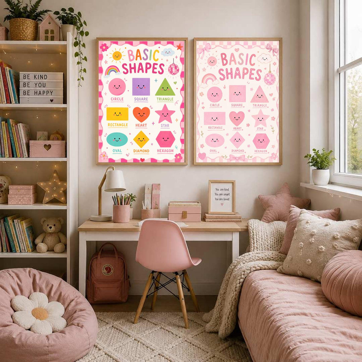 Two framed Basic Shapes posters with different backgrounds hang on a wall above a childs desk and daybed.