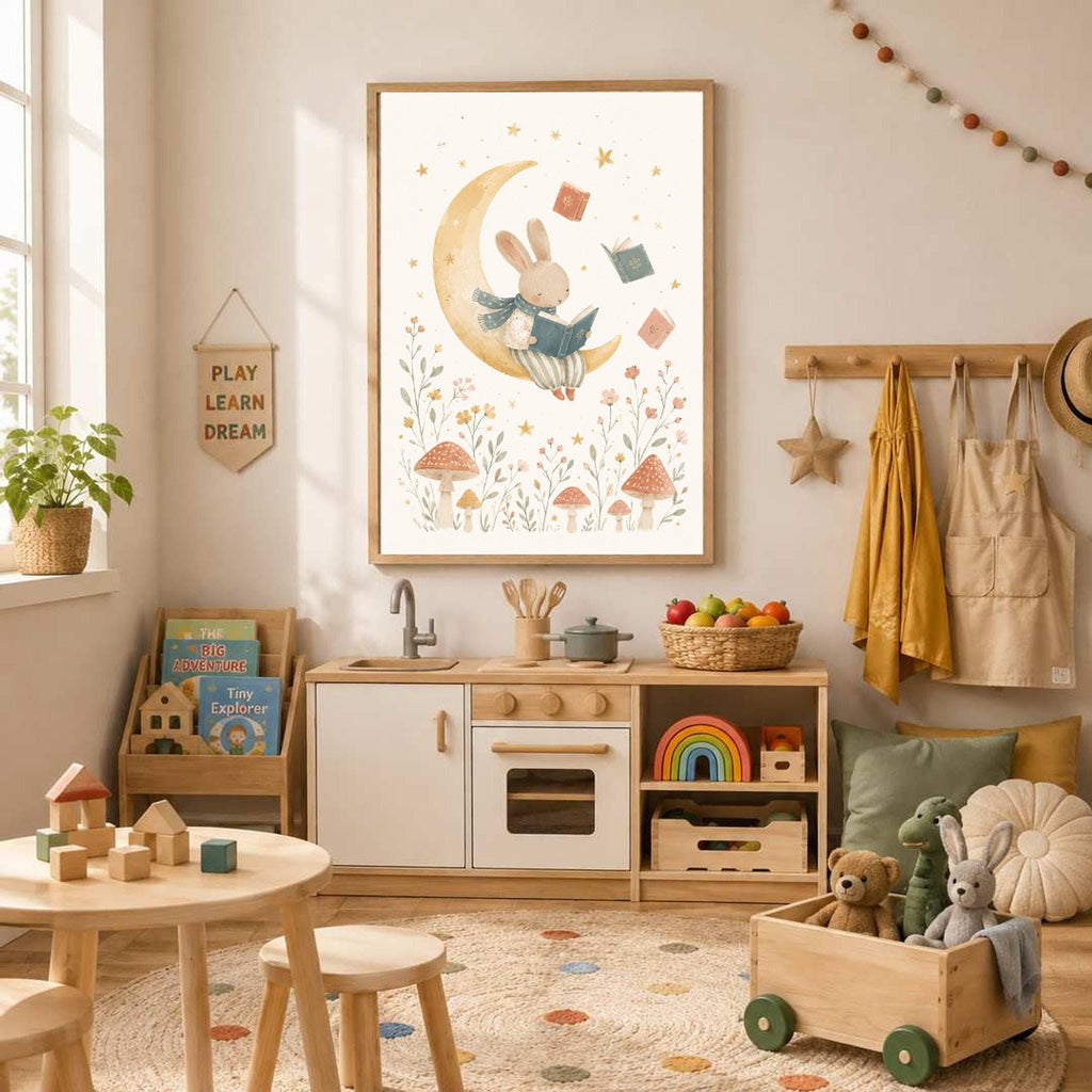 A framed watercolor print of a bunny reading on a crescent moon hangs above a wooden play kitchen in a child room.