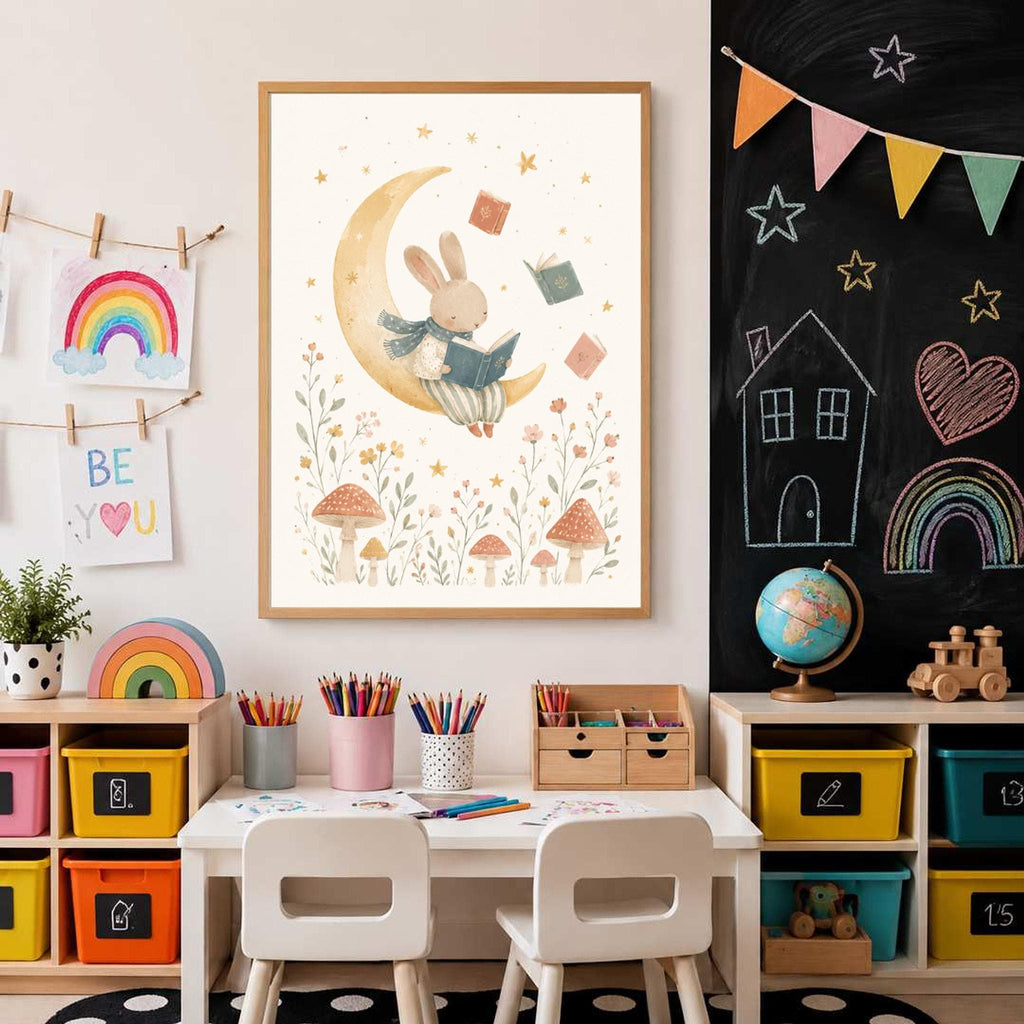 A framed watercolor illustration of a reading bunny hangs on a white wall above a children table and a black chalkboard.