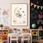 A framed watercolor illustration of a reading bunny hangs on a white wall above a children table and a black chalkboard.
