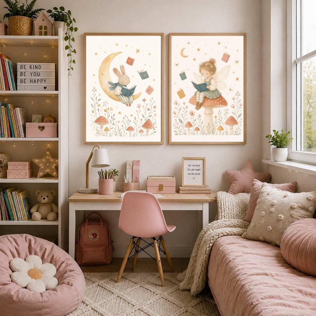 Two framed watercolor prints of a bunny on the moon and a fairy on a mushroom are hung on a wall above a desk and pink daybed.