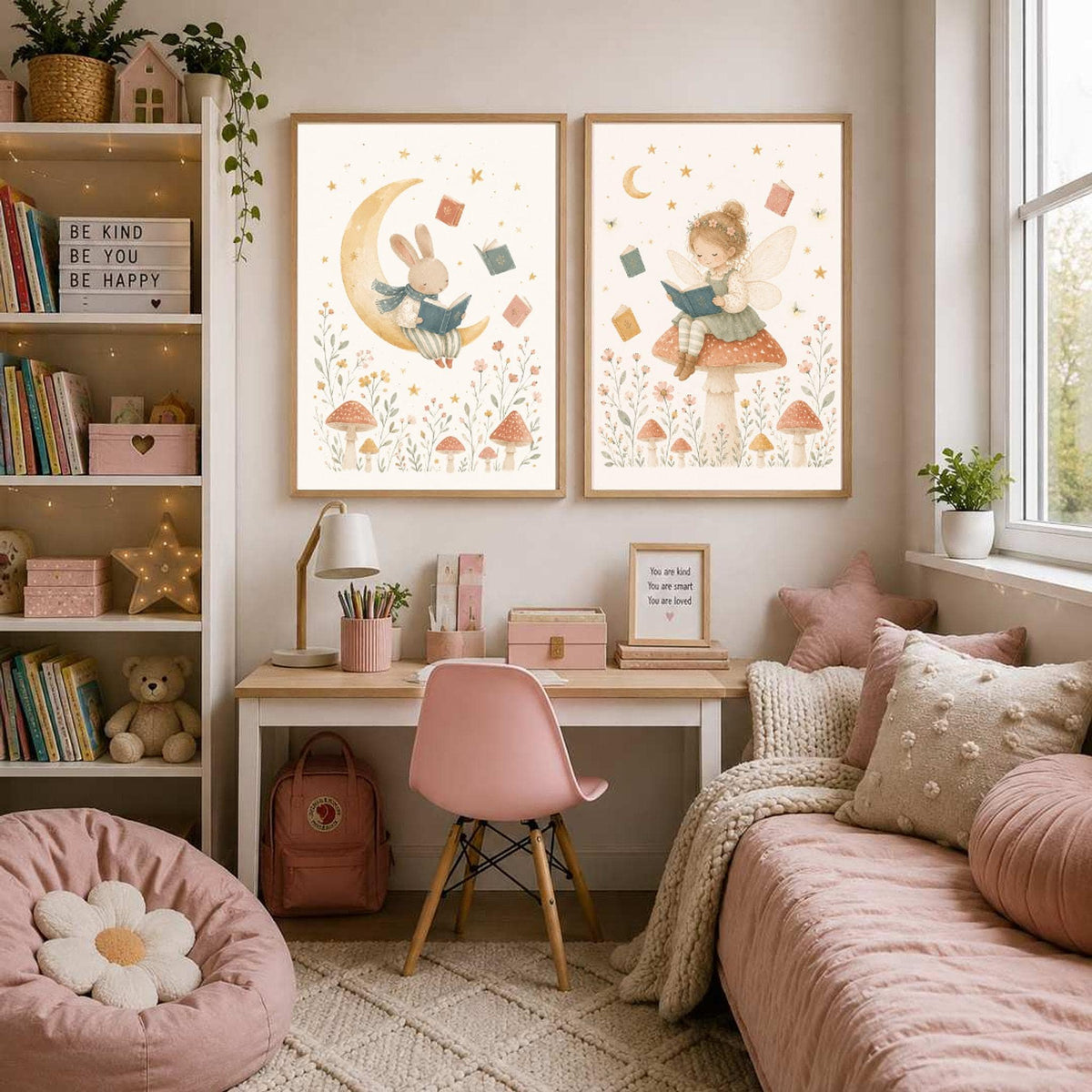 Two framed watercolor prints of a bunny on the moon and a fairy on a mushroom are hung on a wall above a desk and pink daybed.
