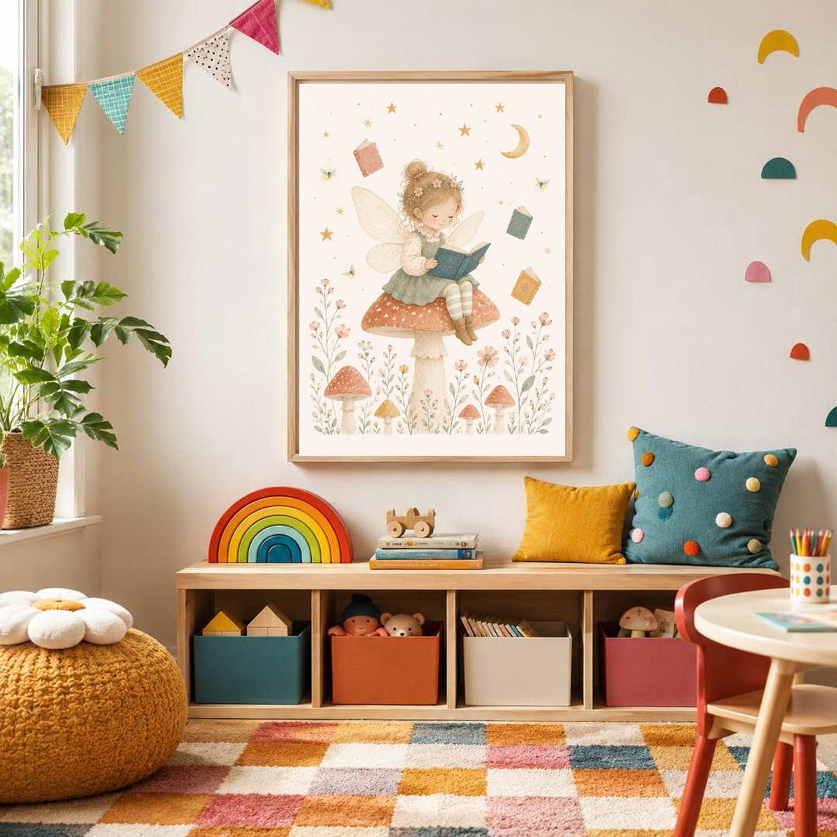 A framed watercolor print of a reading fairy sits above a low wooden storage unit filled with colorful bins and toys.