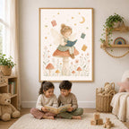 Two young children sit on a rug reading a book below a framed fairy art print on the wall.