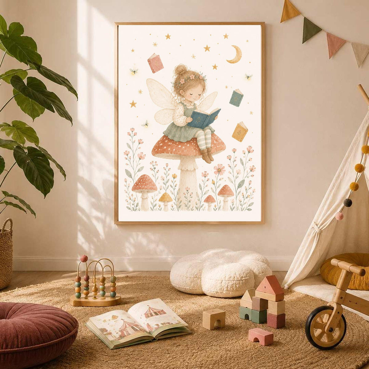 A framed illustration of a fairy reading on a mushroom mounted on a neutral wall in a playroom.