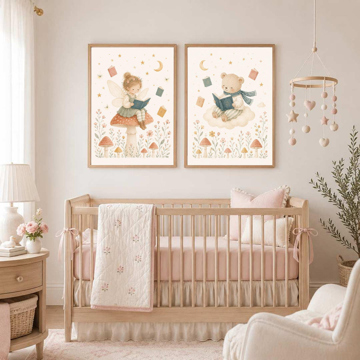 Two framed prints of a fairy on a mushroom and a bear on a cloud mounted on the wall above a baby crib.