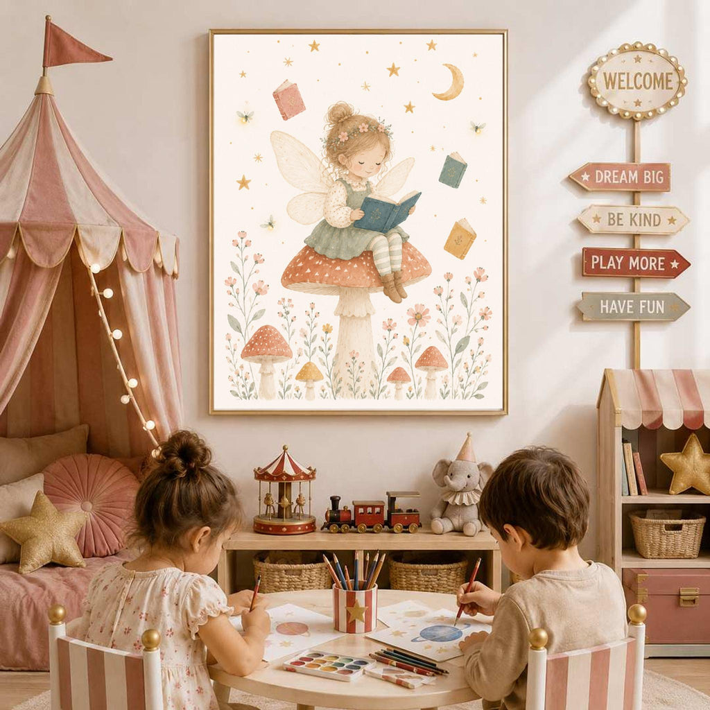 A framed watercolor illustration hangs on a pink wall above two children drawing at a small table, depicting a fairy reading a book while sitting on a large mushroom.