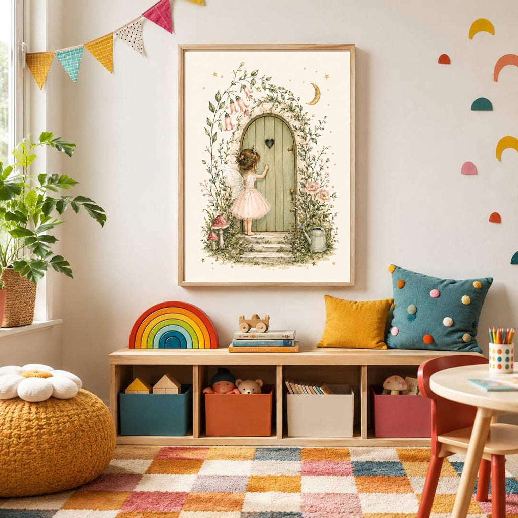 Framed watercolor fairy print hanging above a low wooden storage unit filled with colorful bins in a playroom.