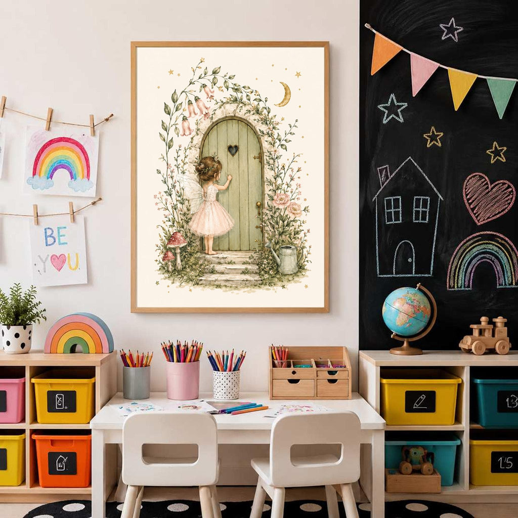 Framed watercolor fairy illustration mounted on a wall next to a blackboard with chalk drawings in a playroom.