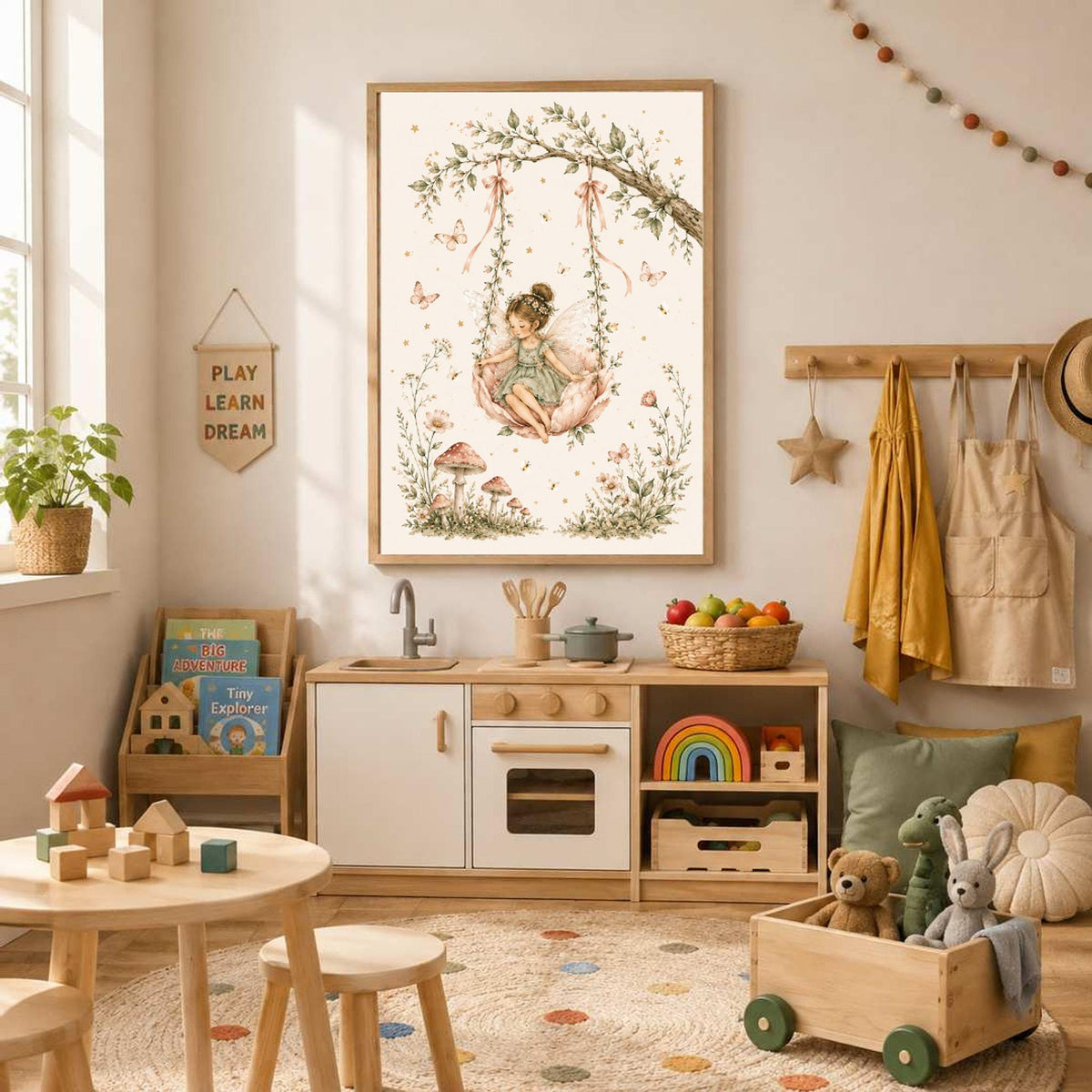 A framed watercolor art print showing a fairy on a flower swing, displayed in a children's playroom above a wooden play kitchen.