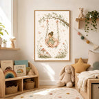 A framed fairy art print hanging in a cozy child's bedroom above a wooden storage shelf and toy bunny.