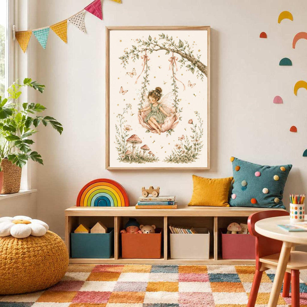 A framed watercolor painting of a fairy on a swing displayed above a low wooden storage unit in a vibrant playroom.