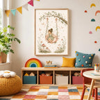 A framed watercolor painting of a fairy on a swing displayed above a low wooden storage unit in a vibrant playroom.