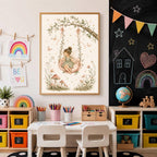 A framed fairy print hanging on a wall next to a black chalkboard in a colorful classroom setting.