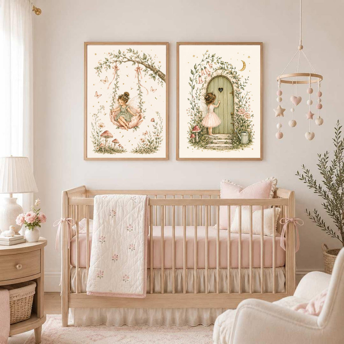 A pair of framed fairy prints hanging above a wooden baby crib in a light pink nursery.