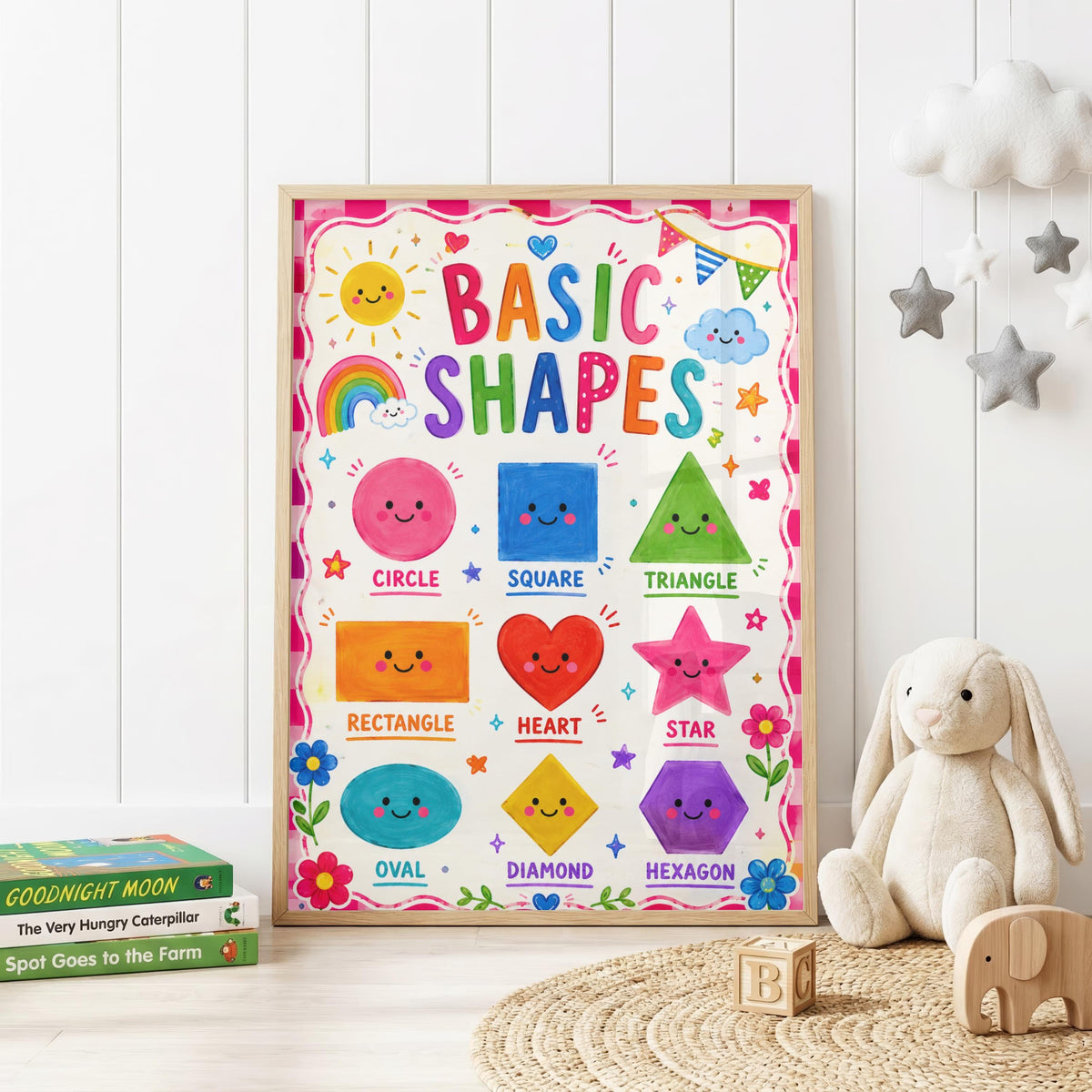 Colourful educational shapes wall print featuring smiling circle, square, triangle, rectangle, heart, star, oval, diamond and hexagon shapes with a rainbow, sun, flowers and playful decorations.