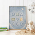 Blue educational shapes nursery print featuring smiling circle, square, triangle, rectangle, heart, star, oval, diamond and hexagon shapes on a soft watercolour background with stars, clouds and a crescent moon.