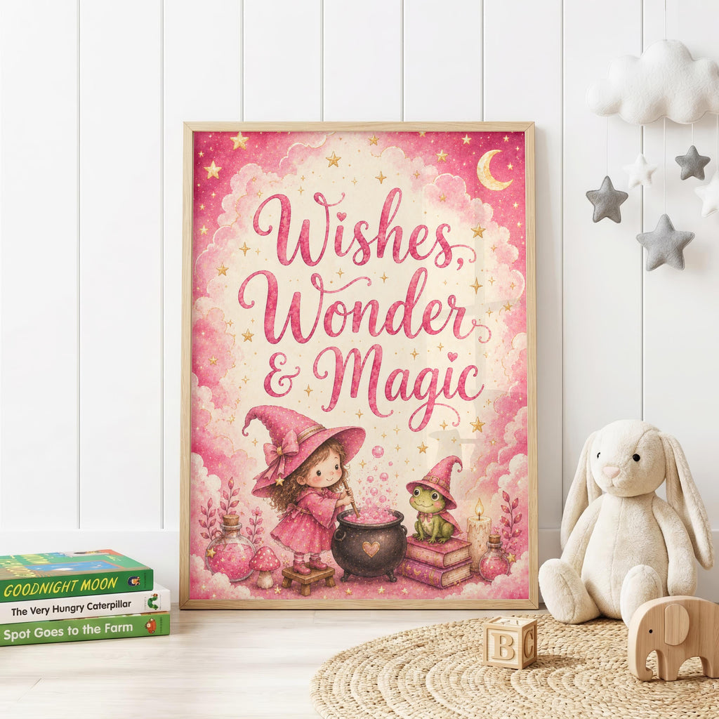 Pink magical nursery wall print featuring the words Wishes, Wonder & Magic with a little witch stirring a cauldron beside a frog, surrounded by potion bottles, books, stars and a crescent moon.