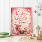 Pink magical nursery wall print featuring the words Wishes, Wonder & Magic with a little witch stirring a cauldron beside a frog, surrounded by potion bottles, books, stars and a crescent moon.