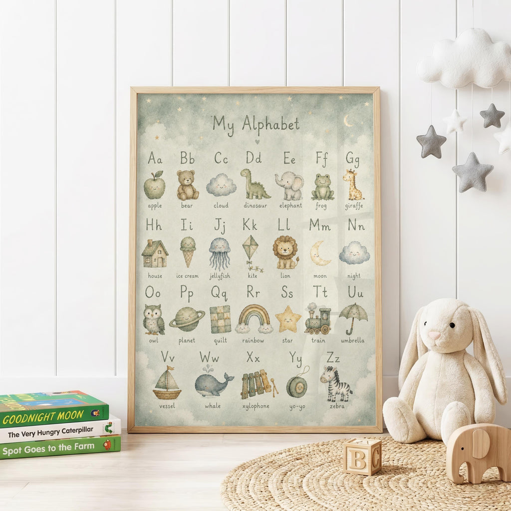 Neutral educational alphabet nursery print featuring uppercase and lowercase letters A to Z with illustrated animals and objects, in soft sage green, blue and cream watercolour tones with stars and a crescent moon.