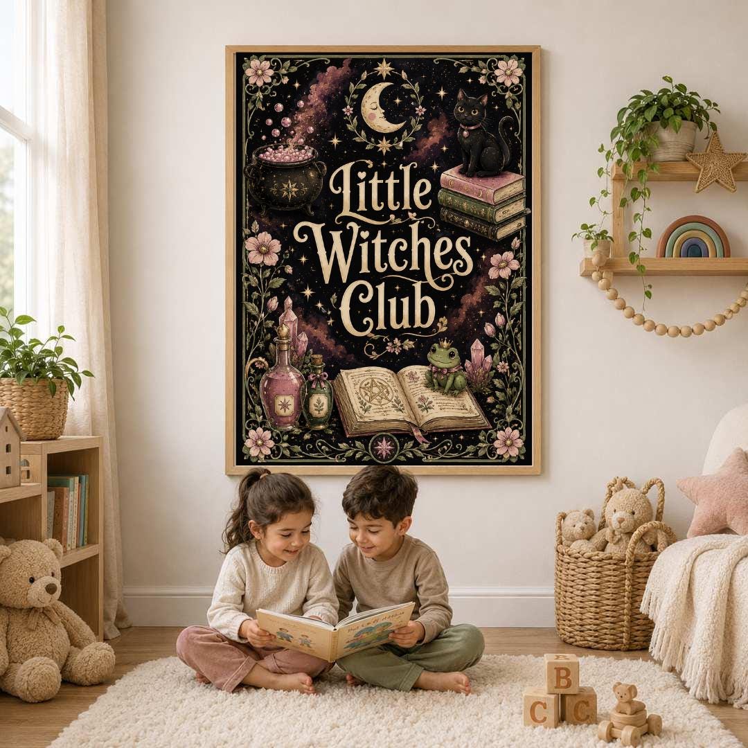 Witch Nursery Print, Little Witches Club Wall Art, Magical Girls Bedroom Decor, Celestial Witchy Kids Print, A4 A3