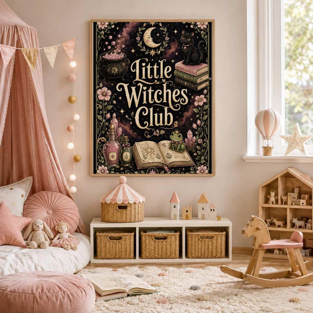 Witch Nursery Print, Little Witches Club Wall Art, Magical Girls Bedroom Decor, Celestial Witchy Kids Print, A4 A3