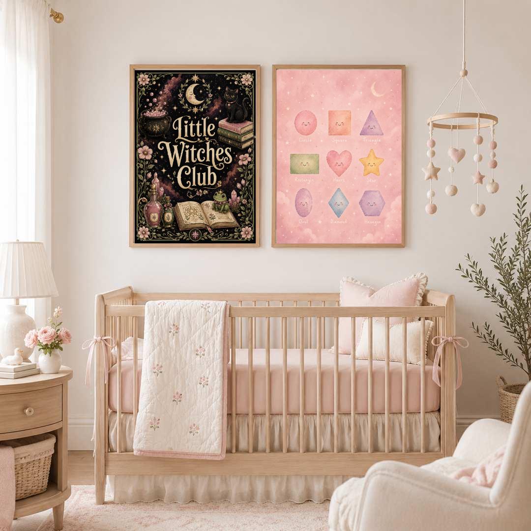 Witch Nursery Print, Little Witches Club Wall Art, Magical Girls Bedroom Decor, Celestial Witchy Kids Print, A4 A3
